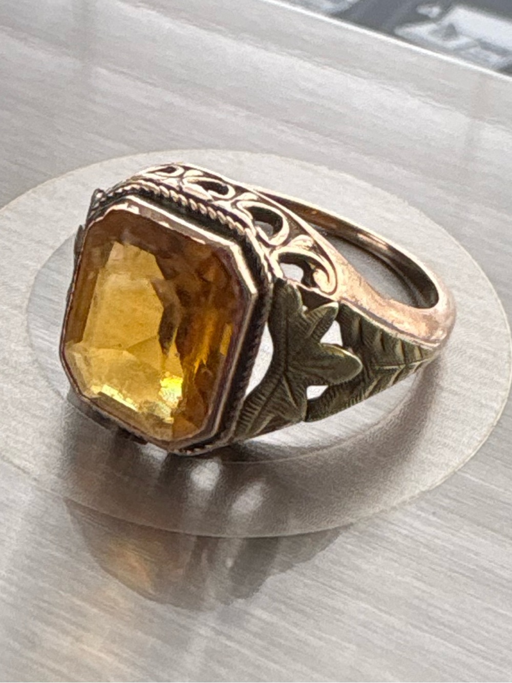 10K Yellow & Green Gold Filigree Ring art deco Orange Stone Vintage Size 5 - Picture 12 of 15
